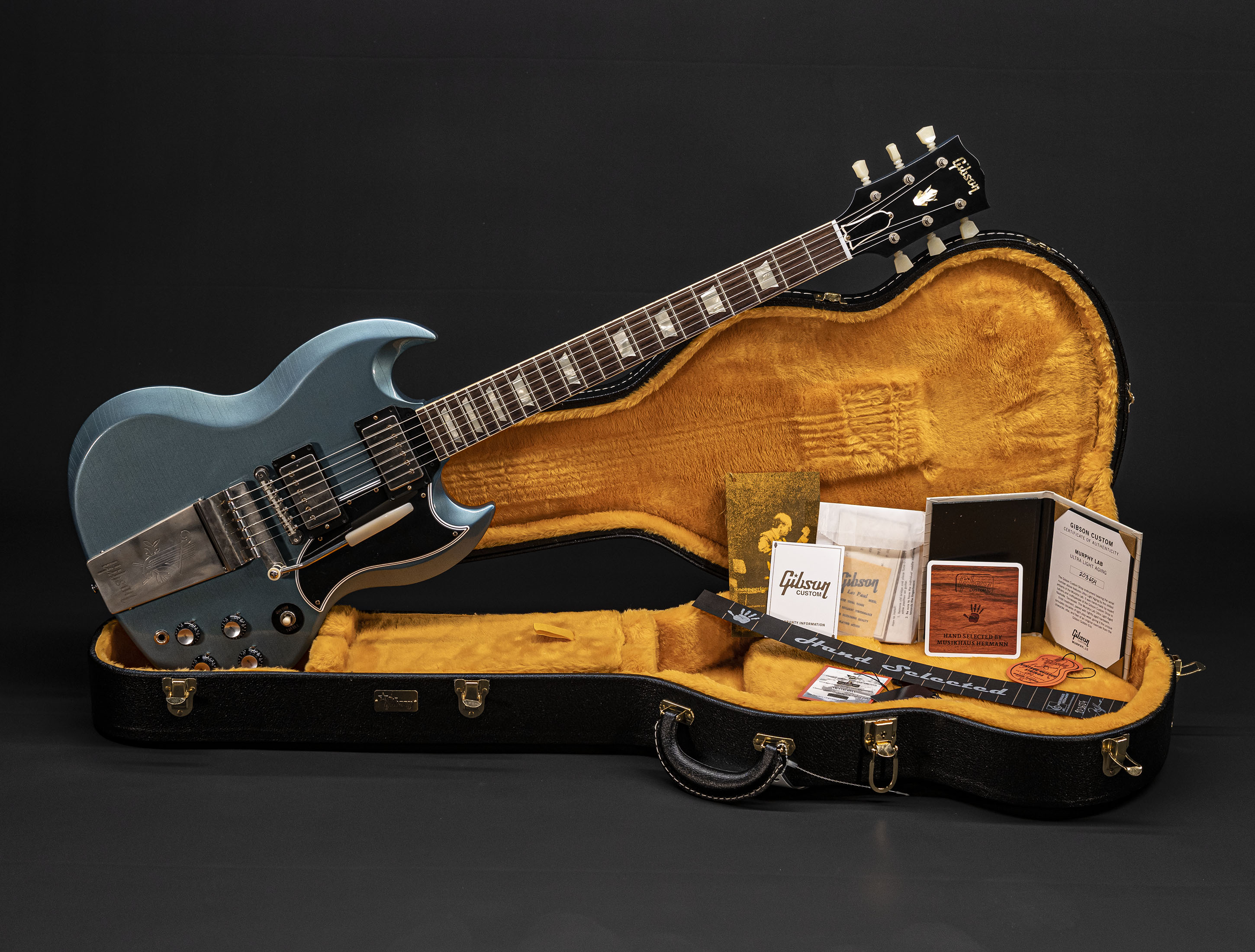 Galerie anzeigen (26 Bilder) a120177-gibson-sg-1964-standard-maestro-vibrola-murphy-lab-ultra-light-aged-pelham-blue